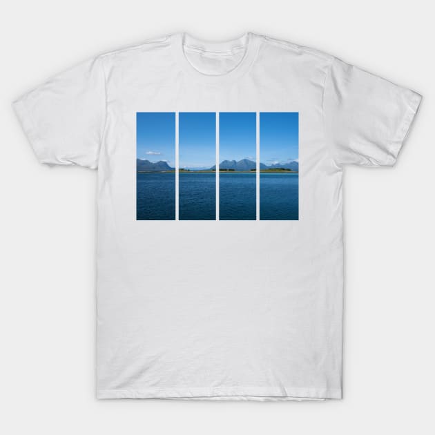 Wonderful landscapes in Norway. Nordland. Beautiful scenery of a coastline from Mortenstranda beach. Rippled sea in a sunny summer day.White clouds and islands in the background T-Shirt by fabbroni-art